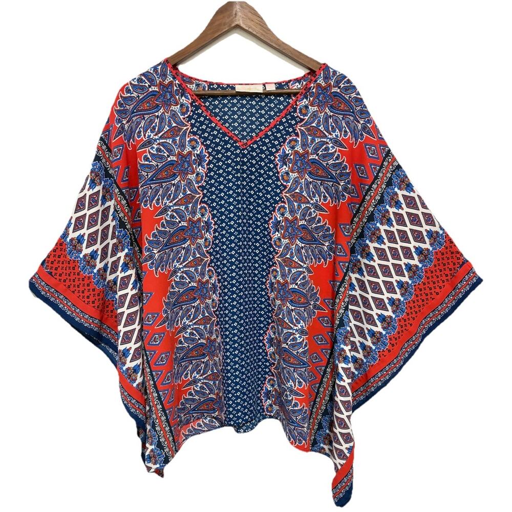 Belle By Kim Gravel XL Paisley Boho Blouse Red Blue Kimono Batwing Sleeve Top